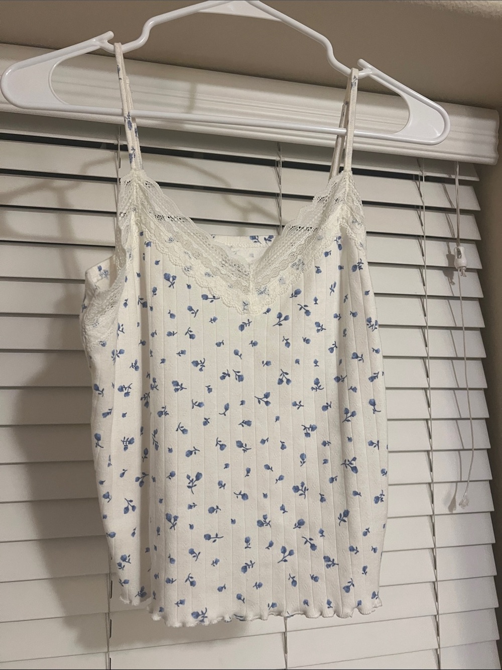No Boundaries White Tank Top with Blue Floral Print and Lace Trim